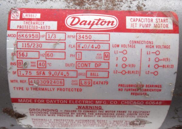 DAYTON 6K695B MOTOR 1/3HP 1PH 3450RPM FR: 56J - Image 5