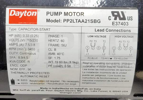 DAYTON PP2LTAA21SBG PUMP MOTOR W/ DAYTON CENTRIFUGAL PUMP 2ZWN9A - Image 6