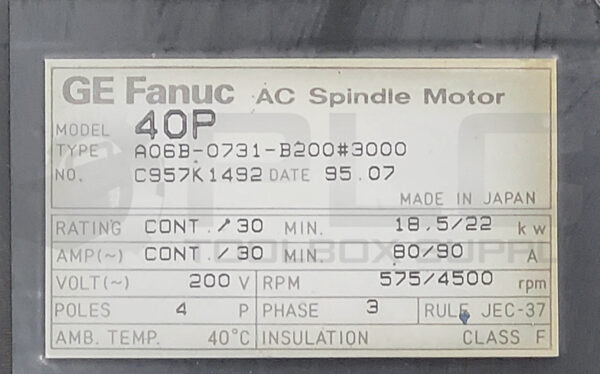 GE FANUC A06B-0731-B200#3000 AC SPINDLE MOTOR 40P 18.5/22KW 90/80A 200V - Image 7