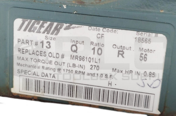 RELIANCE ELECTRIC P56H1391G DUTY MASTER A-C MOTOR W/ TIGEAR 13Q10R56 GEARBOX - Image 5