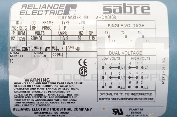 RELIANCE ELECTRIC P56H1391G DUTY MASTER A-C MOTOR W/ TIGEAR 13Q10R56 GEARBOX - Image 6