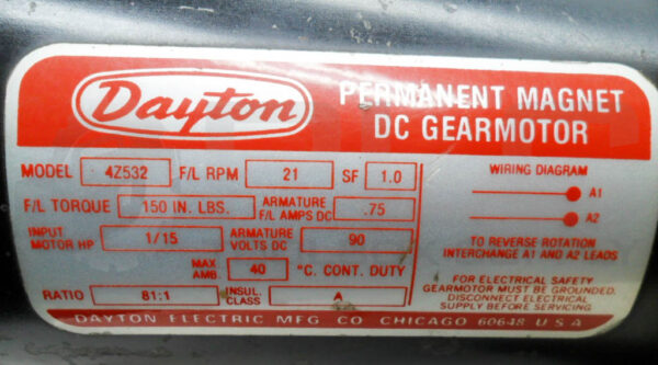 DAYTON 4Z532 PERMANENT MAGNET DC GEARMOTOR 21RPM 1/15HP - Image 6