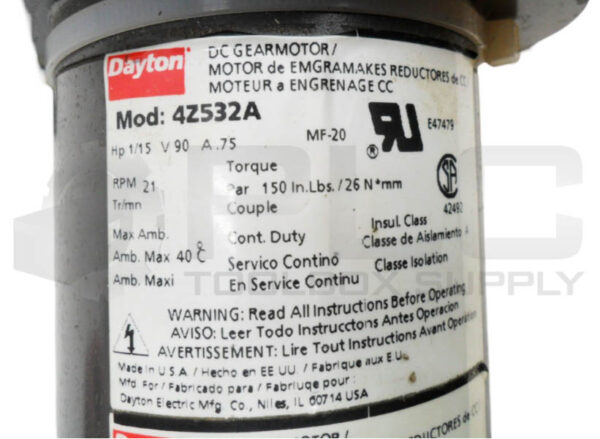 DAYTON 4Z532A DC GEARMOTOR 1/15HP .75A 21RPM - Image 5