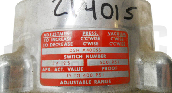 BARKSDALE D2H-A400SS PRESSURE/VACUUM ACTUATED SWITCH 10A 230-460V 500PSI - Image 5