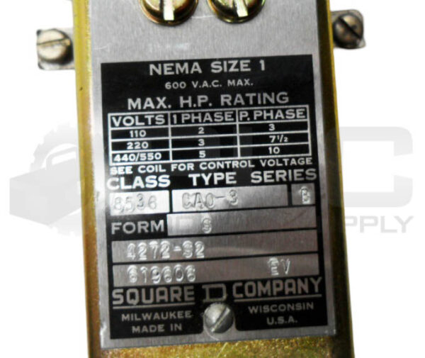SQUARE D 8536 CA0-3 /B STARTER CONTACTOR 600VAC W/ 2936 S1 C27A COIL 110-120V - Image 6
