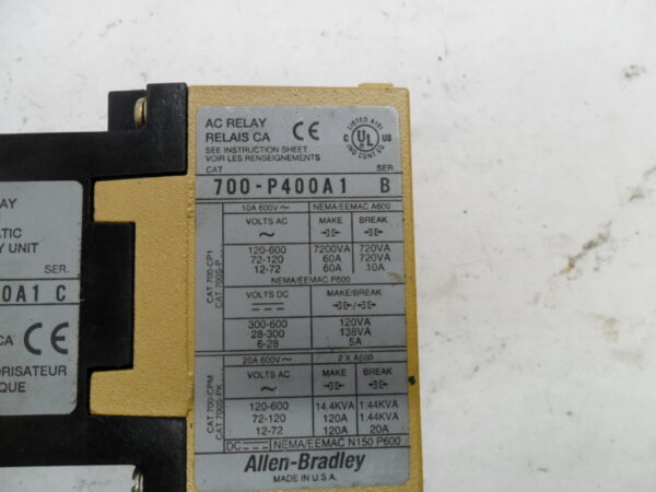 ALLEN BRADLEY 700-P400A1 /B AC RELAY W/ 700-PT400A1 /C W/ 700-PT /B W/ PA236 - Image 7