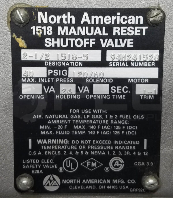 NORTH AMERICAN 1518 MANUAL RESET SHUTOFF VALVE, 2-1/2 1518-5 *FOR PARTS/REPAIR* - Image 4
