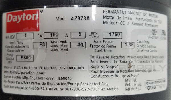 DAYTON 4Z378A PERMANENT MAGNET DC MOTOR 1HP 1750RPM FR: S56C - Image 6