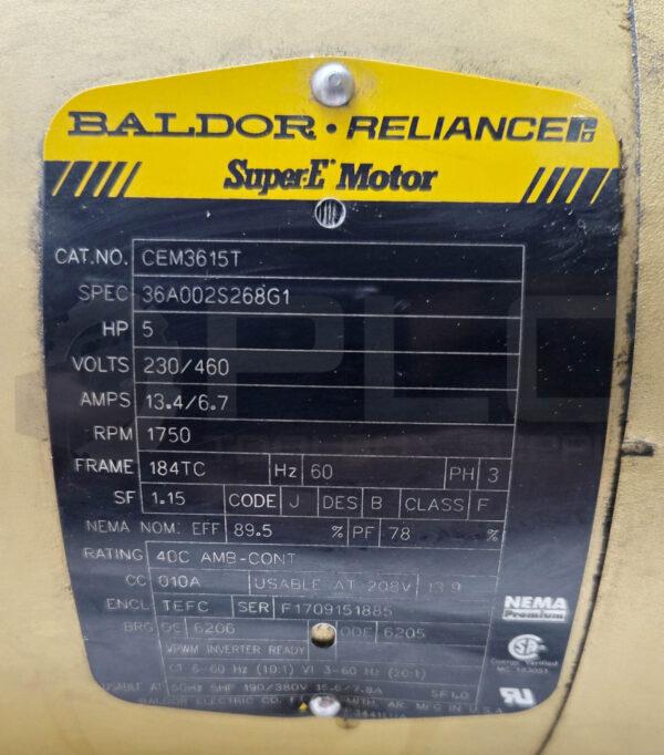 BALDOR CEM3615T MOTOR 5HP 3PH 1750RPM FR: 184TC; 36A002S268G1 - Image 5