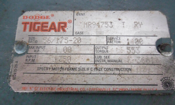 DODGE TIGEAR MR94753 GEAR REDUCER 1HP 1750RPM RATIO: 56/175-20 W/ RELIANCE MOTOR - Image 6