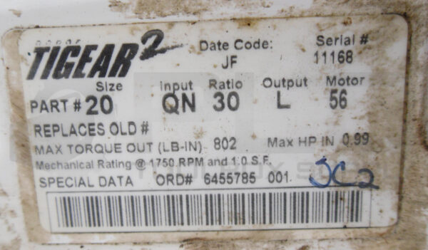 DODGE TIGEAR-2 20QN30L56 GEAR REDUCER .99HP 1750RPM RATIO: 30:1 - Image 6
