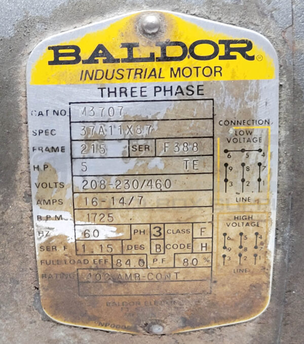 BALDOR M3707 INDUSTRIAL MOTOR 3PH 215 FRAME 5HP 208-230/460V 16-14/7A 1725RPM - Image 9
