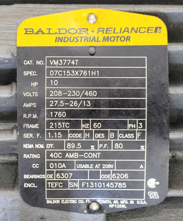 BALDOR VM3774T INDUSTRIAL MOTOR 10HP 208-230/460V 27.5-26/13A 1760RPM - Image 7