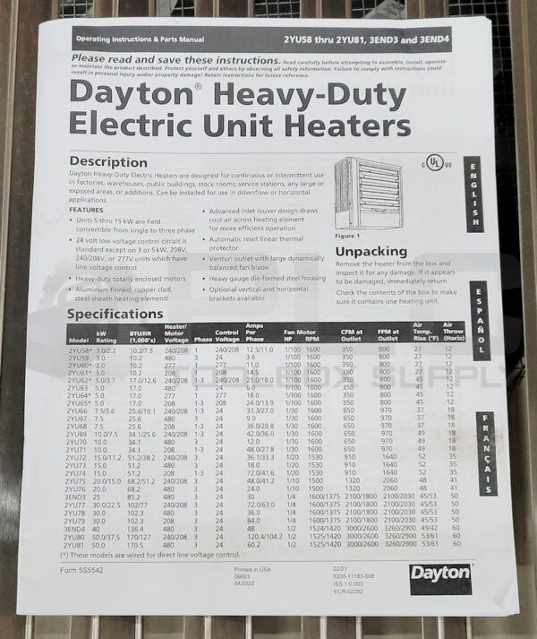 NEW DAYTON 2YU81 ELECTRIC UTILITY HEATER 480V 50KW 3PH - Image 4