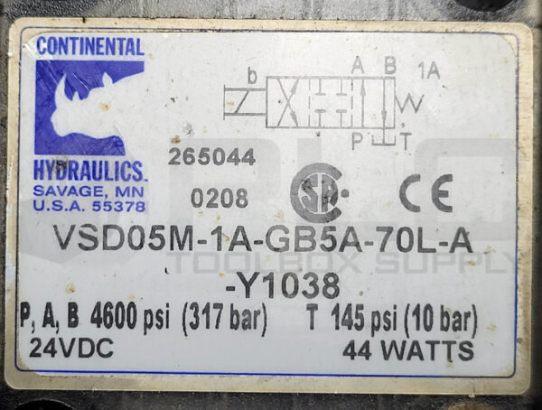 CONTINENTAL HYDRAULICS VSD05M-1A-GB5A-70L-A CONTROL VALVE 4600/145PSI 24VDC 44W - Image 3