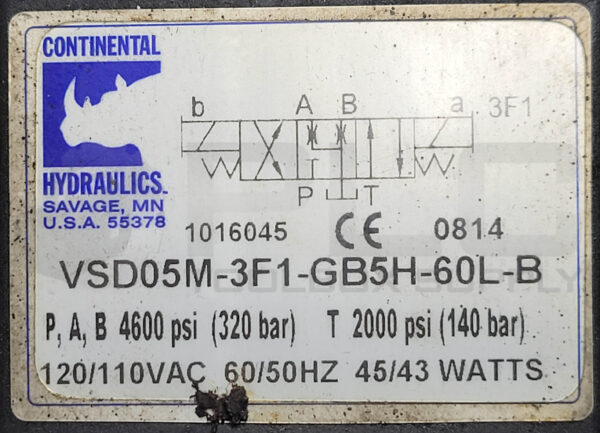 CONTINENTAL HYDRAULICS VSD05M-3F1-GB5H-60L-B DIRECTIONAL CONTROL VALVE - Image 4