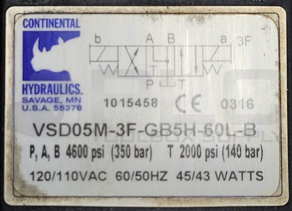 CONTINENTAL HYDRAULICS VSD05M-3F-GB5H-60L-B DIRECTIONAL CONTROL VALVE - Image 4