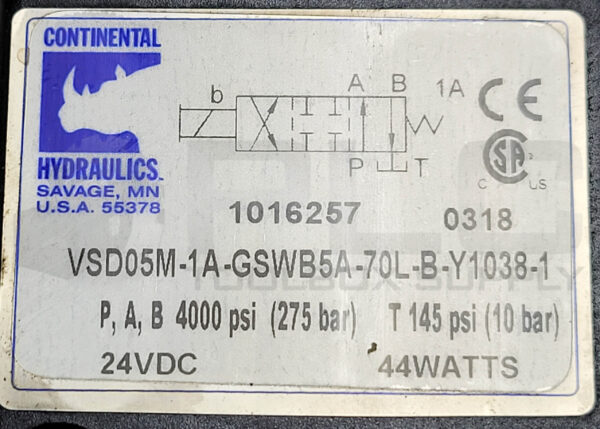 CONTINENTAL HYDRAULICS VSD05M-1A-GSWB5A-70L-B-Y1038-1 CONTROL VALVE - Image 3