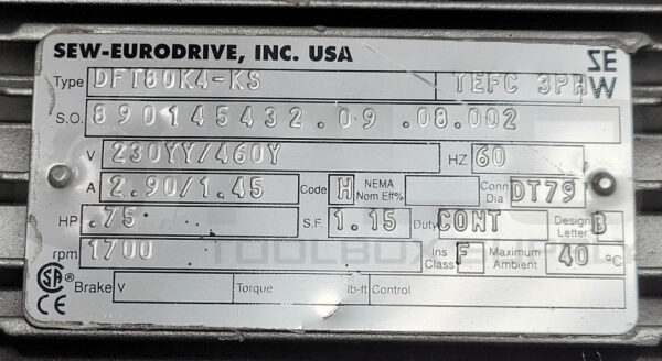 NEW SEW EURODRIVE DFT80K4-KS GEAR MOTOR 230/460V W/ S47DT80K4-KS GEARBOX 71.75:1 - Image 7