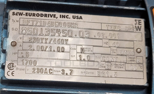 NEW SEW EURODRIVE DFT71D4BMG05HR GEAR MOTOR W/ R27DT71D4BMG05HR GEAR REDUCER - Image 6