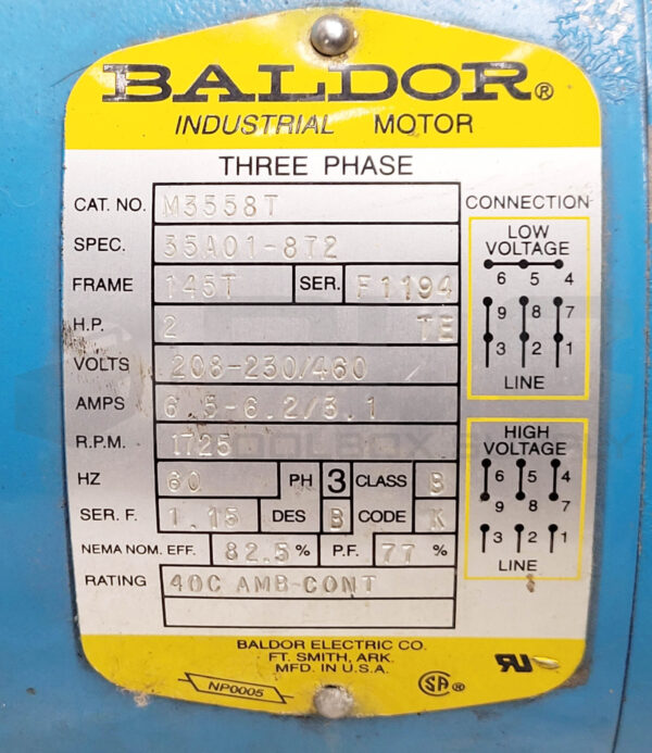 BALDOR M3558T INDUSTRIAL MOTOR 145T FRAME 2HP 208-230/460V 6.5-6.2/3.1A 1725RPM - Image 6