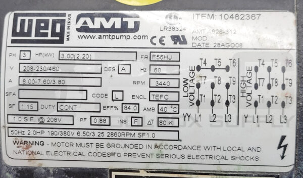 FOR PARTS AMT 490B-98 PUMP MOTOR W/ WEG MOTOR 3PH 3HP F56HJ FRAME 208-230/460V - Image 5