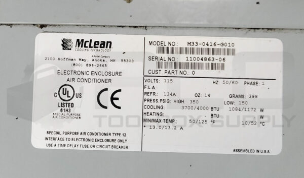 MCLEAN M33-0416-G010 ENCLOSURE AIR CONDITIONER 115V 50/60HZ 1PH 350/150PSIG - Image 6