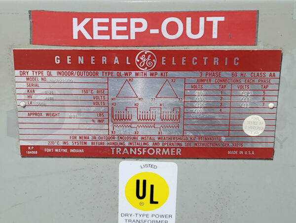 GENERAL ELECTRIC 9T23B3886 TRANSFORMER DRY TYPE INDOOR/OUTDOOR 150KVA 480/240V - Image 4