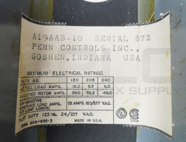 PENN CONTROLS A19AAB-10 TEMPERATURE CONTROLLER 120-240VAC 16A - Image 6