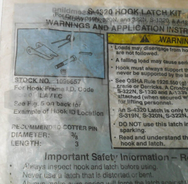 SEALED NEW CROSBY 1096657 HOOK LATCH KIT 3/8" DIA 3" L S-4320 *READ* - Image 5