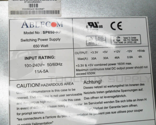 ABLECOM SP650-RP SWITCHING POWER SUPPLY 650W 100-240V 50/60HZ 11A-5A - Image 6