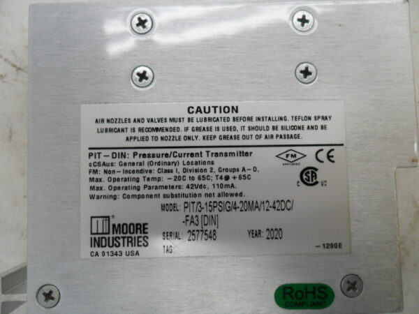 MOORE INDUSTRIES PIT/3-15PSIG/4-20MA/12-24DC-FA3[DIN] PRESSURE TRANSMITTER - Image 4