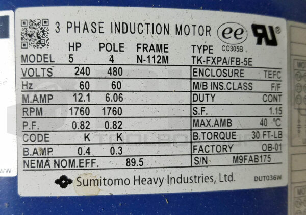 NEW SUMITOMO KHHM5-102DAT-EPK2-B-170 GEAR MOTOR 5HP RATIO: 170:1 10.6RPM - Image 9