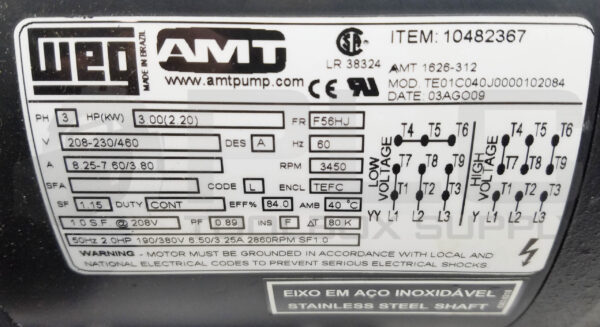 REPAIRED AMT WEG 490B-98 CENTRIFUGAL PUMP 3HP 3450RPM F56HJ, TE01C040J0000102084 - Image 7