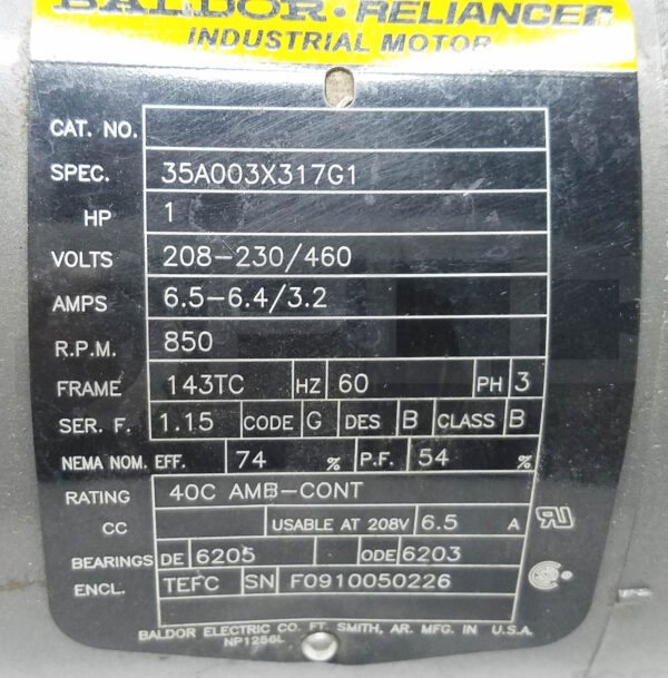 BALDOR 35A003X317G1 MOTOR 1HP 3PH 850RPM FR: 143TC 208-230/460 VOLT 6.5-6.4/3.2 - Image 6