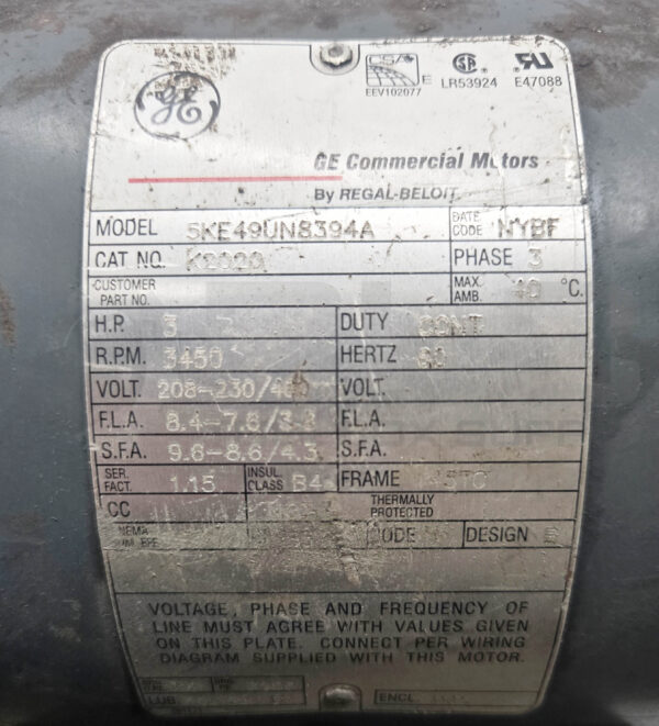 GENERAL ELECTRIC 5KE49UN8394A MOTOR 3PH 3HP 3450RPM FR: 145TC; K2020 - Image 5
