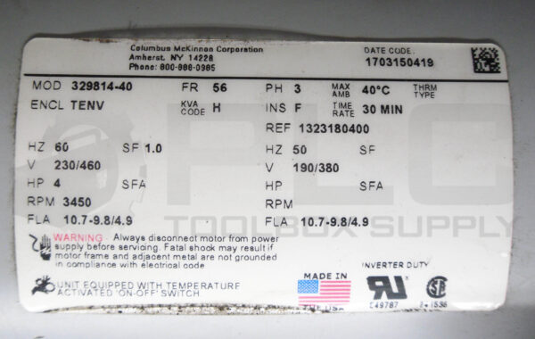 NEW COLUMBUS MCKINNON 329814-40 MOTOR 3PH 4HP 3450RPM FR: 56 - Image 6