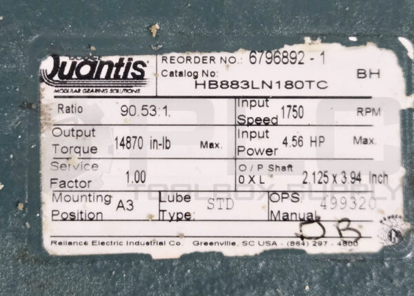 RELIANCE ELECTRIC P18C1183B MOTOR W/ QUANTIS HB883LN180TC GEAR REDUCER - Image 6