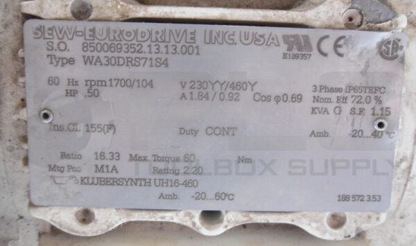 SEW EURODRIVE WA30DRS71S4 GEAR MOTOR 3PH .50HP 1700RPM, 850069352.13.13.001 - Image 5
