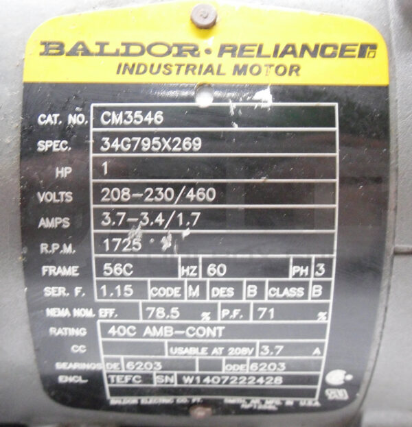 NEW BALDOR CM3546 MOTOR 3PH 1HP 1725RPM FR: 56C, 34G795X269 - Image 6