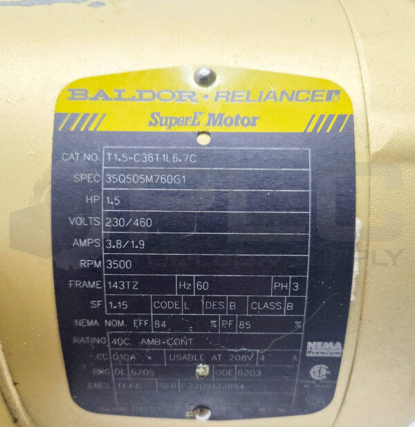 NEW BALDOR T1.5-C36T1L6.7C MOTOR 3PH 1.5HP 3500RPM FR: 143TZ, 35Q505M760G1 - Image 6