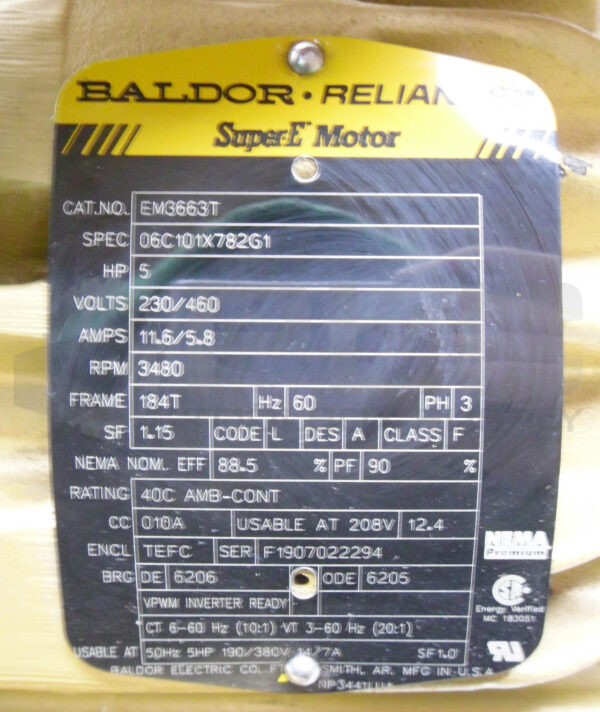 NEW BALDOR EM3663T MOTOR 3PH 5HP 3480RPM FR: 184T, 06C101X782G1 - Image 6
