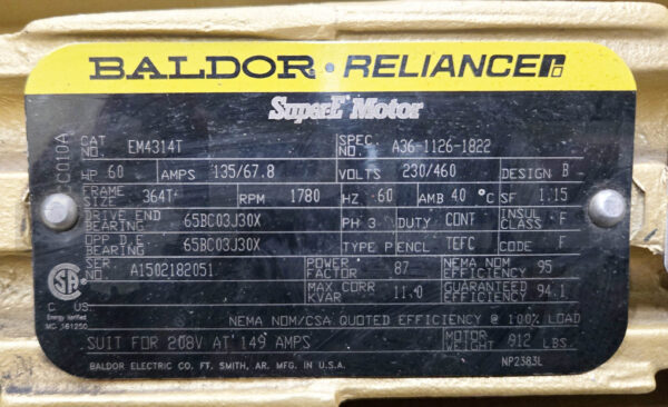 BALDOR EM4314T MOTOR 3PH 60HP 1780RPM FR: 364T, A36-1126-1822 - Image 5