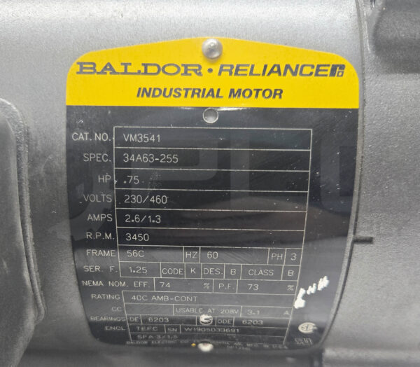 NEW BALDOR VM3541 MOTOR 3PH .75HP 3450RPM FR: 56C, 34A63-255 - Image 7