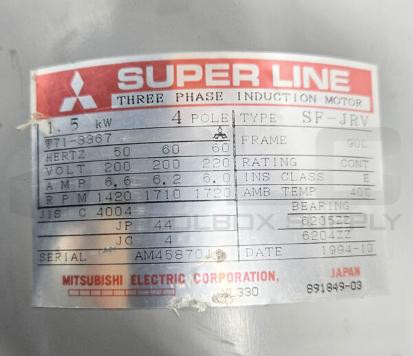 MITSUBISHI SF-JRV SUPER LINE MOTOR 3PH 1.5KW 1720RPM 220V 60HZ FR:90L - Image 6