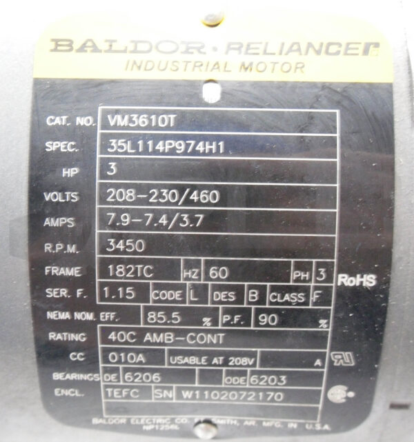 BALDOR VM3610T MOTOR 3PH 3HP 3450RPM 7.9-7.4/.7AMP FR: 182TC, 35L114P974H1 - Image 5
