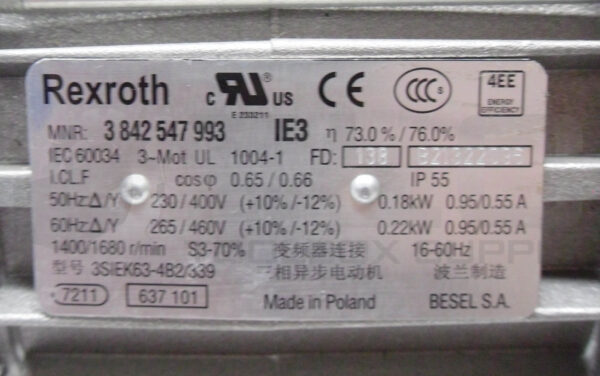 NEW REXROTH 3 842 547 993 MOTOR 1680RPM 60HZ 265/460V .22KW, 3842547993 - Image 4