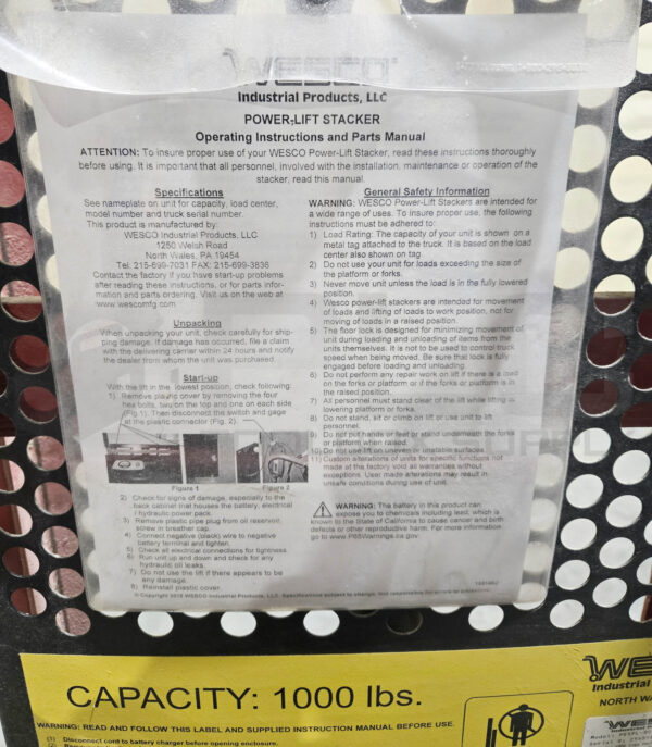 WESCO PESPL-80-2424 POWER-LIFT STACKER 1000 LBS, BASE: 24"X24", 93" TALL - Image 7