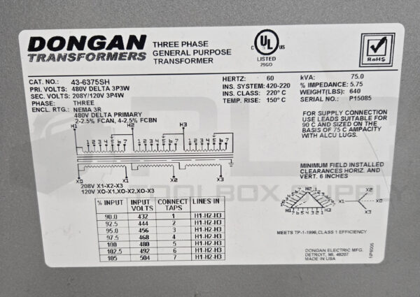 DONGAN 43-6375SH TRANSFORMER 3PH 60HZ 75KVA 480V - Image 5