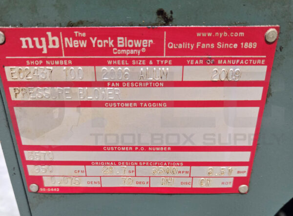 NEW YORK BLOWER E02437 100 PRESSURE BLOWER 950CFM 3500RPM W/ BALDOR MOTOR - Image 6